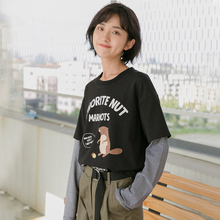尔给学院风假两件拼接上衣2018新款秋季长袖宽松韩版印花t恤女图片