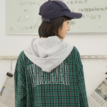 尔给港味复古chic早秋上衣慵懒连帽长袖2018春秋新款格子衬衫女图片