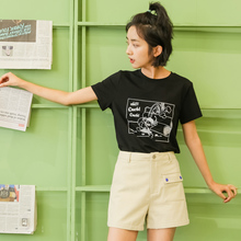 尔给短袖女夏2018新款学生修身韩版黑色印花图案卡通可爱简单t恤图片
