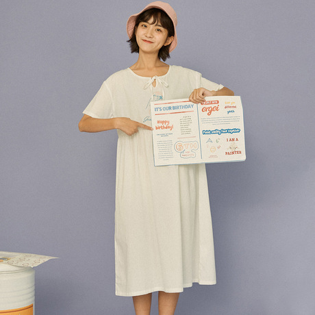 尔给系带白色宽松收腰连衣裙女夏2018新款韩版学生印花慵懒风裙子商品大图