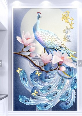 立体浮雕雕刻3D墙砖孔雀背景墙过道壁画微晶石艺术油画瓷砖玄关