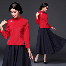 中国民族风民国改良唐装女茶艺师服装灯芯绒旗袍上衣长袖茶服秋冬图片