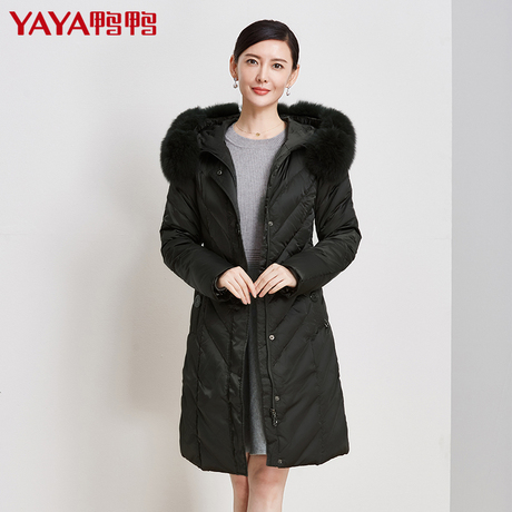 鸭鸭反季秋冬新款女装兰狐毛领外套连帽时尚羽绒服女中长款B-329商品大图