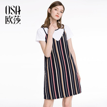 圆领T恤条纹吊带连衣裙S118B15012 女装 新款 OSA欧莎2018夏装