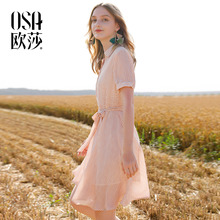 气质衬衫 显瘦a字连衣裙女夏2018新款 OSA欧莎条纹港味收腰修身