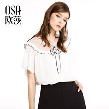 女装 优雅撞色系带雪纺衫 新款 OSA欧莎2018夏装