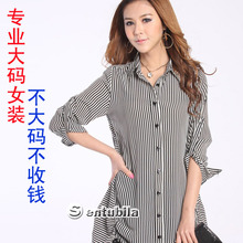 特超大码女装200斤胖mm秋装2013新款宽松条纹雪纺长袖衬衫衬衣