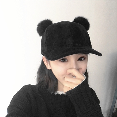 韩版秋冬可爱耳朵毛绒棒球帽甜美弯檐毛球鸭舌帽百搭嘻哈帽子潮女