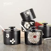 youcci悠瓷 手绘调味罐陶瓷带盖勺 日式餐具厨房糖罐味精罐盐罐子