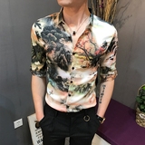 2018夏季新款山水画中国风中式衬衫男士青年韩版修身印花半袖衬衫