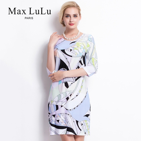 Max LuLu2018夏季新款中老年妈妈圆领休闲印花七分袖大码连衣裙女商品大图