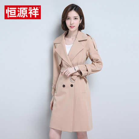 恒源祥2018春季新品女士风衣中长款修身纯色上衣双排扣百搭外套女商品大图