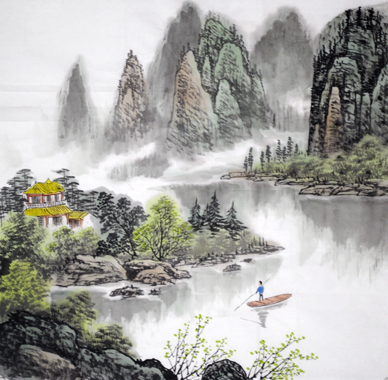 1手绘真迹67x68cm客厅办公室酒店装饰无款斗方山水画书画字画国画