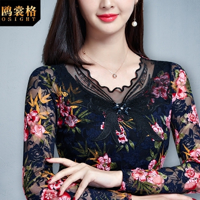 2018秋冬装新款蕾丝网纱打底衫长袖女士时尚花衫加绒内搭小衫上衣