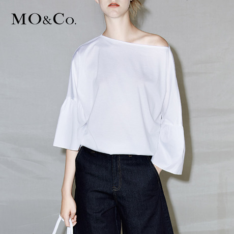 MOCO纯棉开衩七分袖喇叭袖一字领纯色T恤女MA172TEE215 摩安珂商品大图