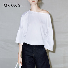 MOCO纯棉开衩七分袖喇叭袖一字领纯色T恤女MA172TEE215 摩安珂图片