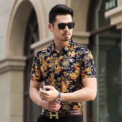 夏季短袖衬衫男加肥加大号丝光棉中年休闲宽松衬衣印花潮胖子大码