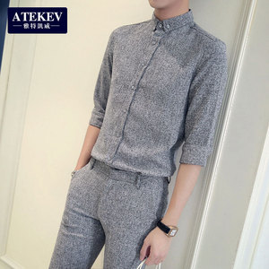 夏季新款发型师修身英伦韩版男士套装五分袖衬衫九分裤休闲裤一套