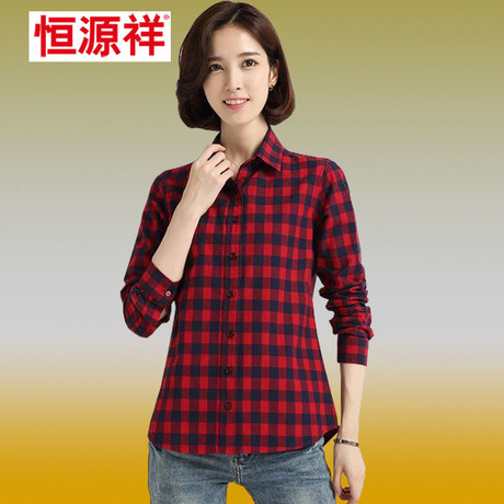 恒源祥正品2016秋款格子衬衣女装方领中年妈妈装长袖纯棉外套衬衫商品大图