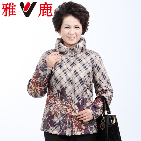 正品雅鹿中老年女羽绒服高领印花时尚妈妈装加大码保暖无缝羽绒衣商品大图