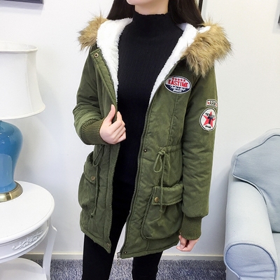 秋冬新款中长款棉衣女韩版纯色大毛领收腰显瘦连帽工装棉服外套潮