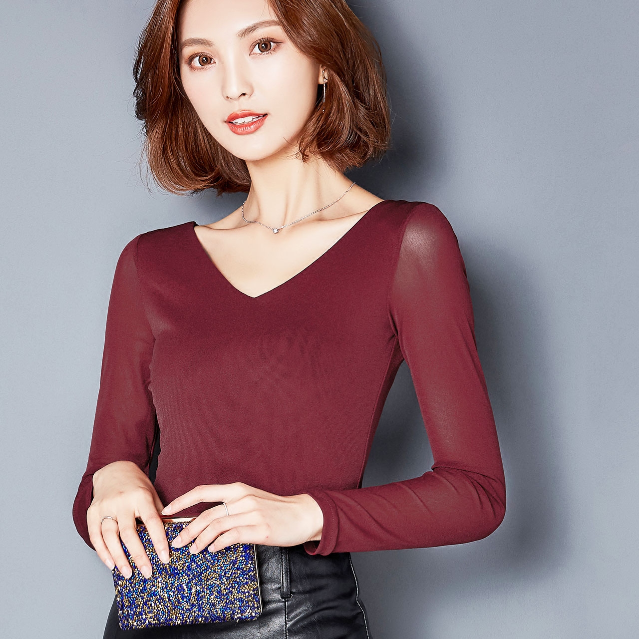 低领网纱打底衫女长袖秋装2018新款春秋百搭