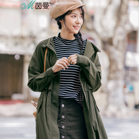 茵曼旗舰店女装2018春装新款纯色收腰中长款连帽风衣外套女长袖商品大图