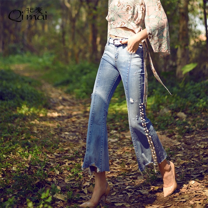 杞麦2018春秋新款中腰牛仔裤女士微喇叭裤九