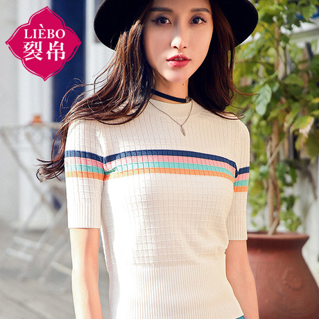 裂帛女装2018夏装新款圆领短袖条纹上衣百搭罗纹套头针织衫女商品大图