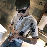 夏季韩版修身男士短袖T恤社会精神小伙报纸个性印花衣服半袖潮流