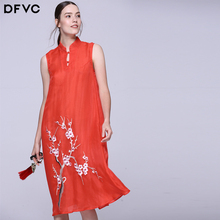 dfvc2019春夏季新款女装桃花树绣花中国风旗袍式真丝桑蚕丝连衣裙图片