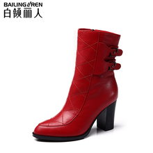 白领丽人秋冬欧美牛皮时尚 尖头高跟黑色女短靴4422D