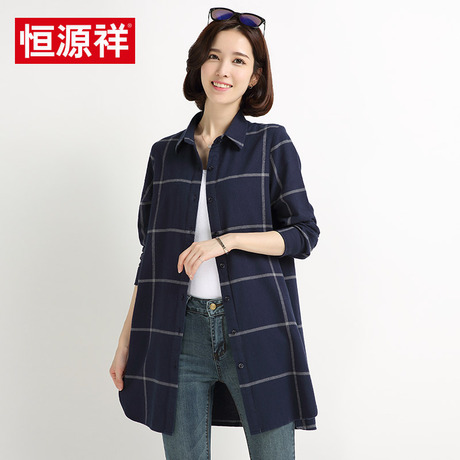 恒源祥秋季中长款纯棉格子衬衫女修身显瘦中年衬衣外套衬衫裙学生商品大图