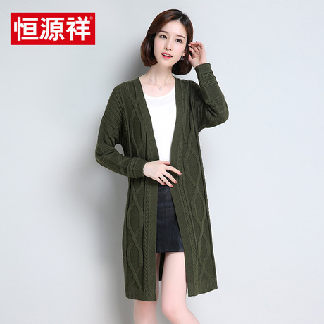 恒源祥秋冬新款宽松毛衣女中长款纯色V领含羊毛长袖针织外套上衣商品大图