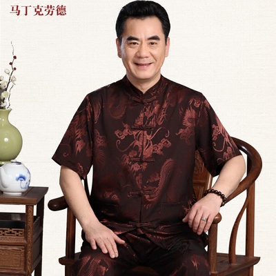 中老年唐装短袖男士套装夏季衬衫立领中式盘扣宽松大码改良爸爸装