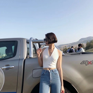 SY01复古挂脖绑带上衣一片式交叉系带高腰显瘦短款V领背心夏新