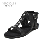 Aerosoles/爱柔仕头层牛皮时尚铆钉工字型露趾锯齿跟女凉鞋罗马鞋