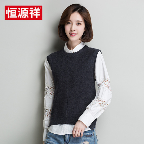 恒源祥秋冬新款女士羊毛衫套头圆领纯羊毛背心修身针织衫毛衣女商品大图