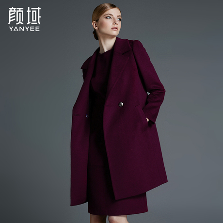 颜域品牌女装2017冬装新款欧美经典纯色大翻领双排扣长款毛呢外套商品大图
