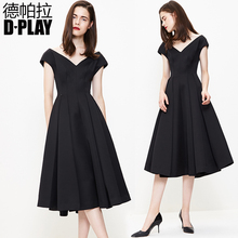 气质连衣裙V领礼服裙高腰A字伞裙收腰显瘦小黑裙 D-PLAY欧美时尚