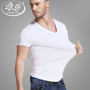 浪莎男士短袖T恤莫代尔夏V领半袖紧身打底汗衫圆领韩版T恤内衣男