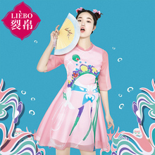裂帛新衣记2017新款女装立领脸谱印花A型雪纺中袖连衣裙68160013图片