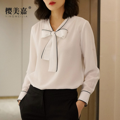 樱美嘉蝴蝶结真丝衬衫女长袖宽松春夏新款时尚撞色飘带桑蚕丝上衣