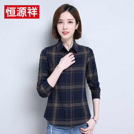 恒源祥2018新款秋季女士棉衬衫格子短款衬衣修身长袖方领女打底衫商品大图