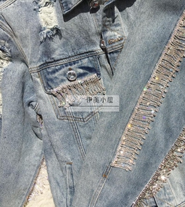 高级定制重工女装流苏水钻做旧单排扣中长款宽松破洞牛仔长袖外套