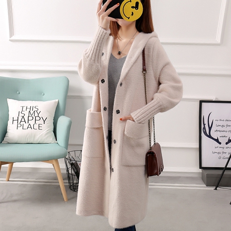 2018女装新款韩版连帽仿水貂绒中长毛衣外套宽松口袋开衫秋冬季厚商品大图
