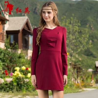 红英秋冬女装时尚百搭打底裙甜美压褶长袖修身显瘦针织连衣裙