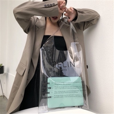网红lin左岸潇同款夏季女大PVC果冻包透明购物袋手提沙滩包子母包