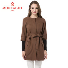 Montagut/梦特娇女士秋季休闲毛呢外套 羊毛混纺圆领七分袖女外套图片