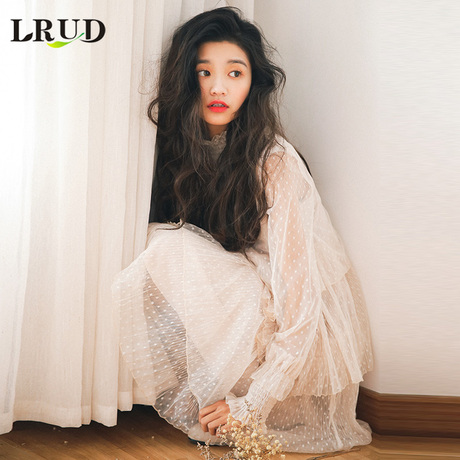 LRUD2018春装新款韩版女装裙子长袖网纱打底裙女中长款蕾丝连衣裙商品大图